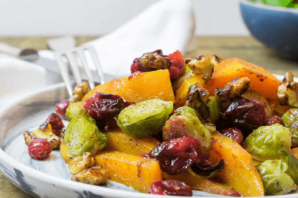 Ofenkürbis mit Rosenkohl und Cranberries