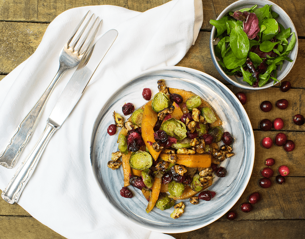 Ofenkürbis mit Rosenkohl und Cranberries