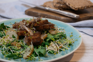 Salat mit BBQ Tempeh, Birnen und karamellisierten Zwiebeln