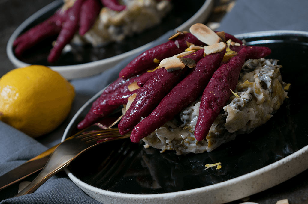 Rote Bete Schupfnudeln mit Zitronen Wising